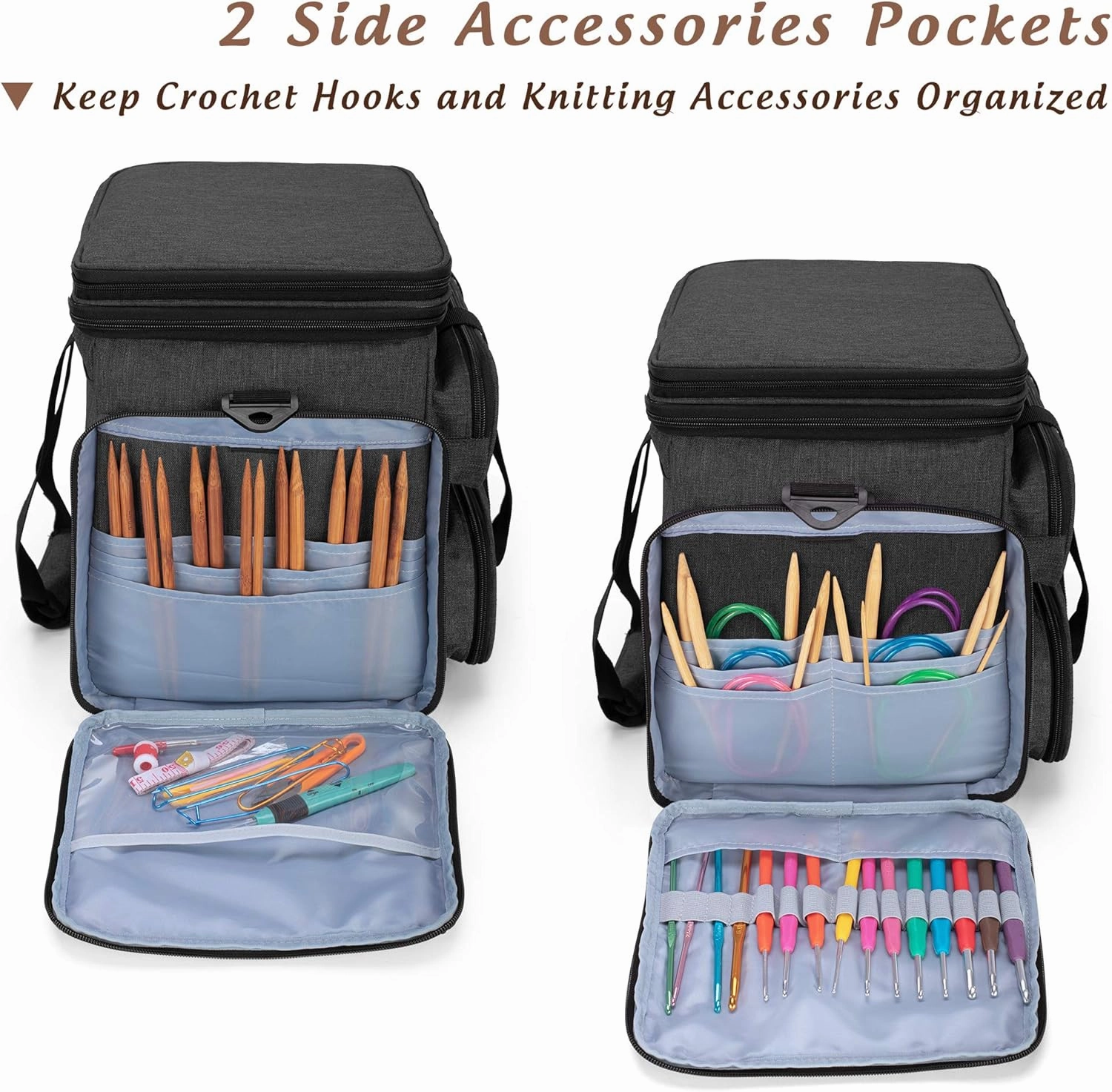 Yarwo Knitting Yarn Bag, Portable Crochet Storage Tote with Double Top Cover and Yarn Holes for Knitting Needles(Up to 14”), Unfinished Projects and Skeins of Yarn, Black