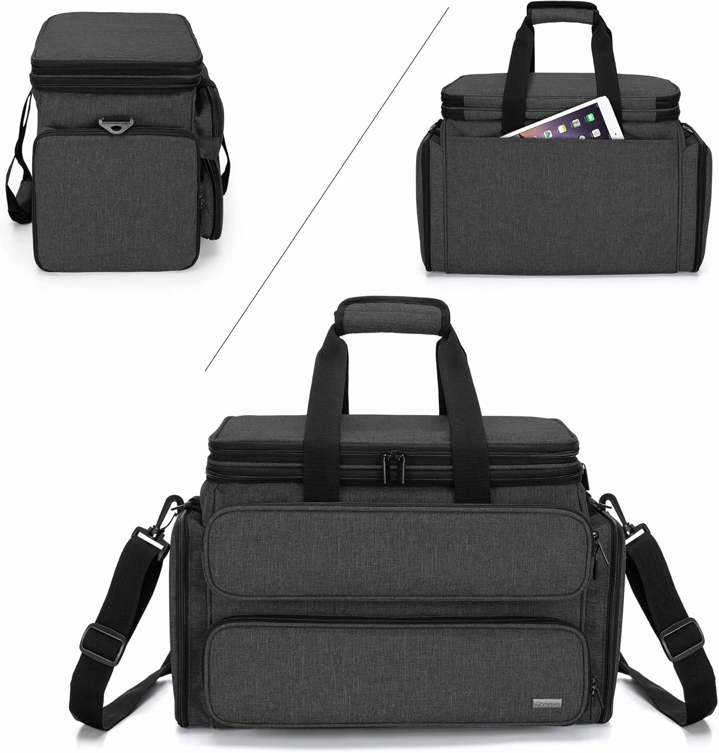 Yarwo Knitting Yarn Bag, Portable Crochet Storage Tote with Double Top Cover and Yarn Holes for Knitting Needles(Up to 14”), Unfinished Projects and Skeins of Yarn, Black