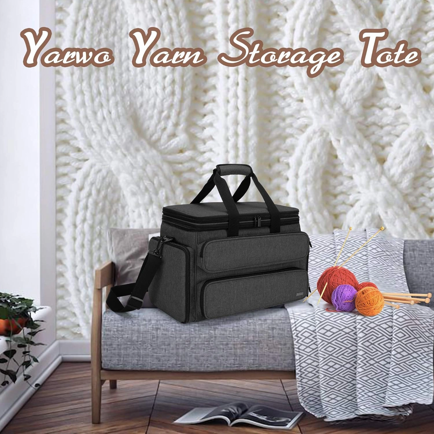 Yarwo Knitting Yarn Bag, Portable Crochet Storage Tote with Double Top Cover and Yarn Holes for Knitting Needles(Up to 14”), Unfinished Projects and Skeins of Yarn, Black