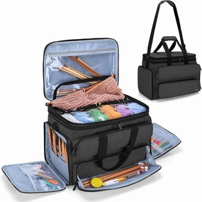 Yarwo Knitting Yarn Bag, Portable Crochet Storage Tote with Double Top Cover and Yarn Holes for Knitting Needles(Up to 14”), Unfinished Projects and Skeins of Yarn, Black