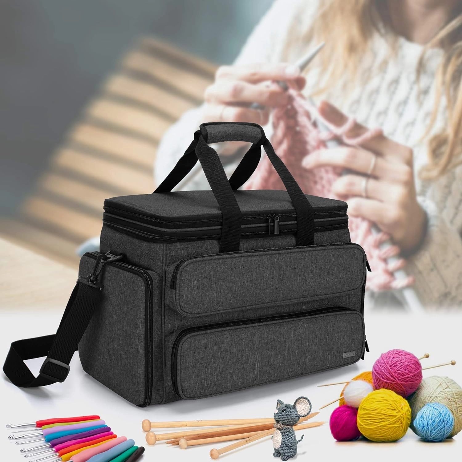 Yarwo Knitting Yarn Bag, Portable Crochet Storage Tote with Double Top Cover and Yarn Holes for Knitting Needles(Up to 14”), Unfinished Projects and Skeins of Yarn, Black
