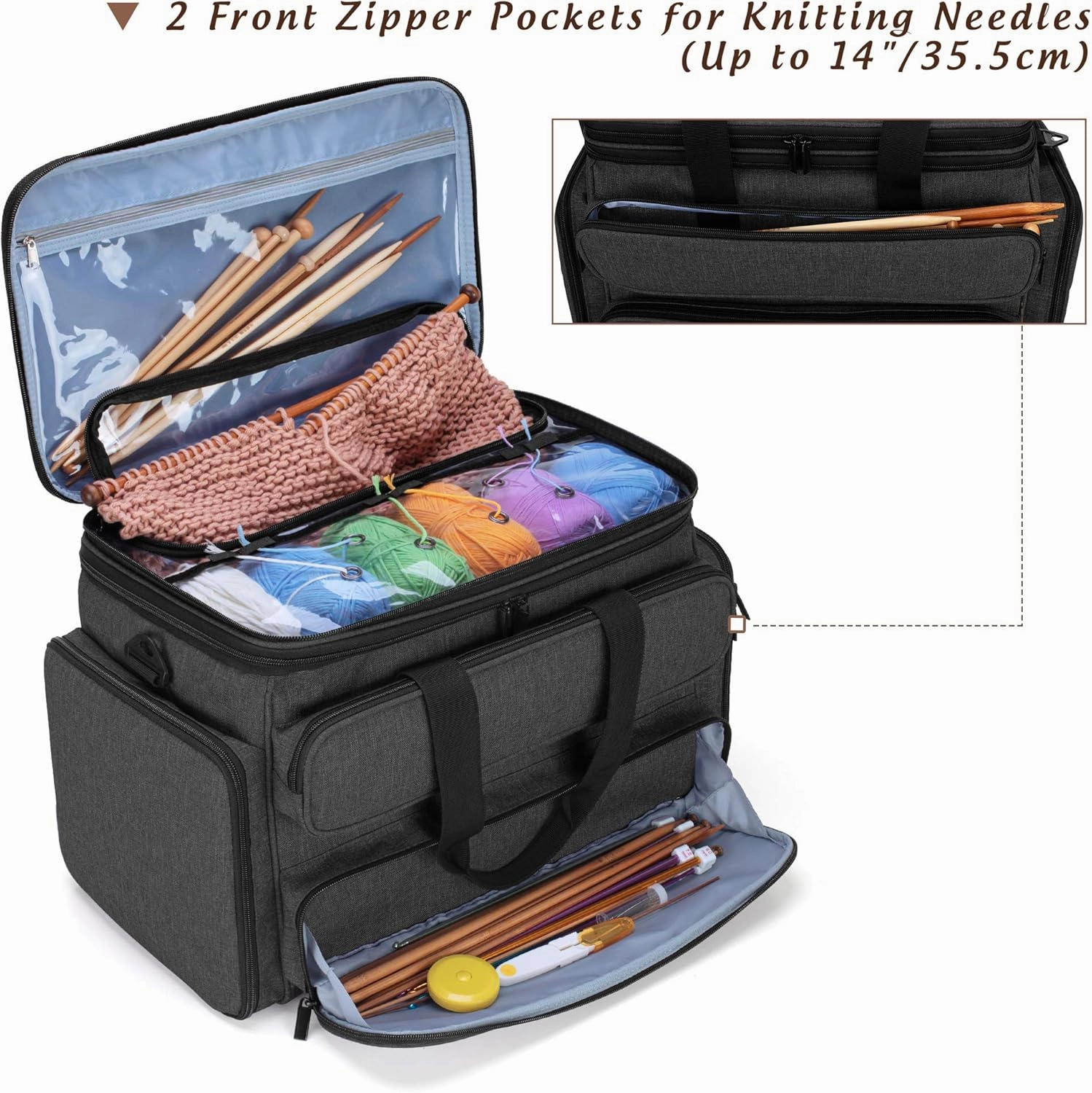 Yarwo Knitting Yarn Bag, Portable Crochet Storage Tote with Double Top Cover and Yarn Holes for Knitting Needles(Up to 14”), Unfinished Projects and Skeins of Yarn, Black