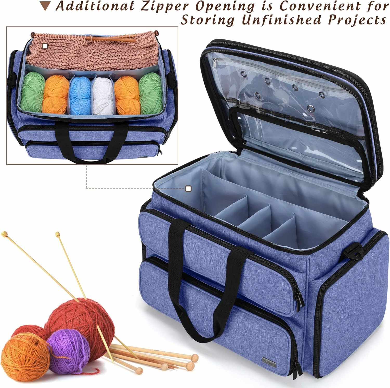 Yarwo Knitting Yarn Bag, Portable Crochet Storage Tote with Double Top Cover and Yarn Holes for Knitting Needles(Up to 14”), Unfinished Projects and Skeins of Yarn, Blue