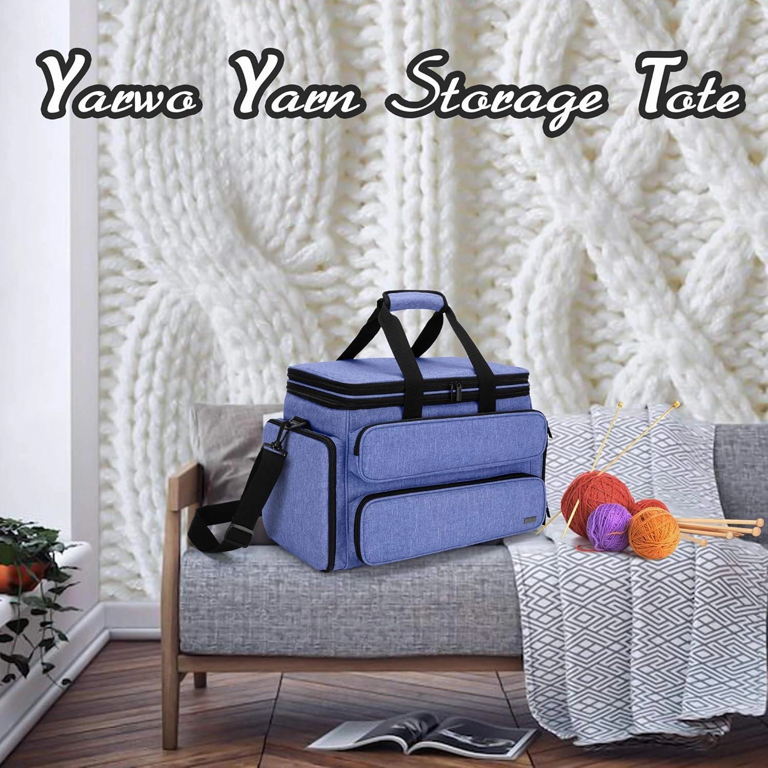 Yarwo Knitting Yarn Bag, Portable Crochet Storage Tote with Double Top Cover and Yarn Holes for Knitting Needles(Up to 14”), Unfinished Projects and Skeins of Yarn, Blue