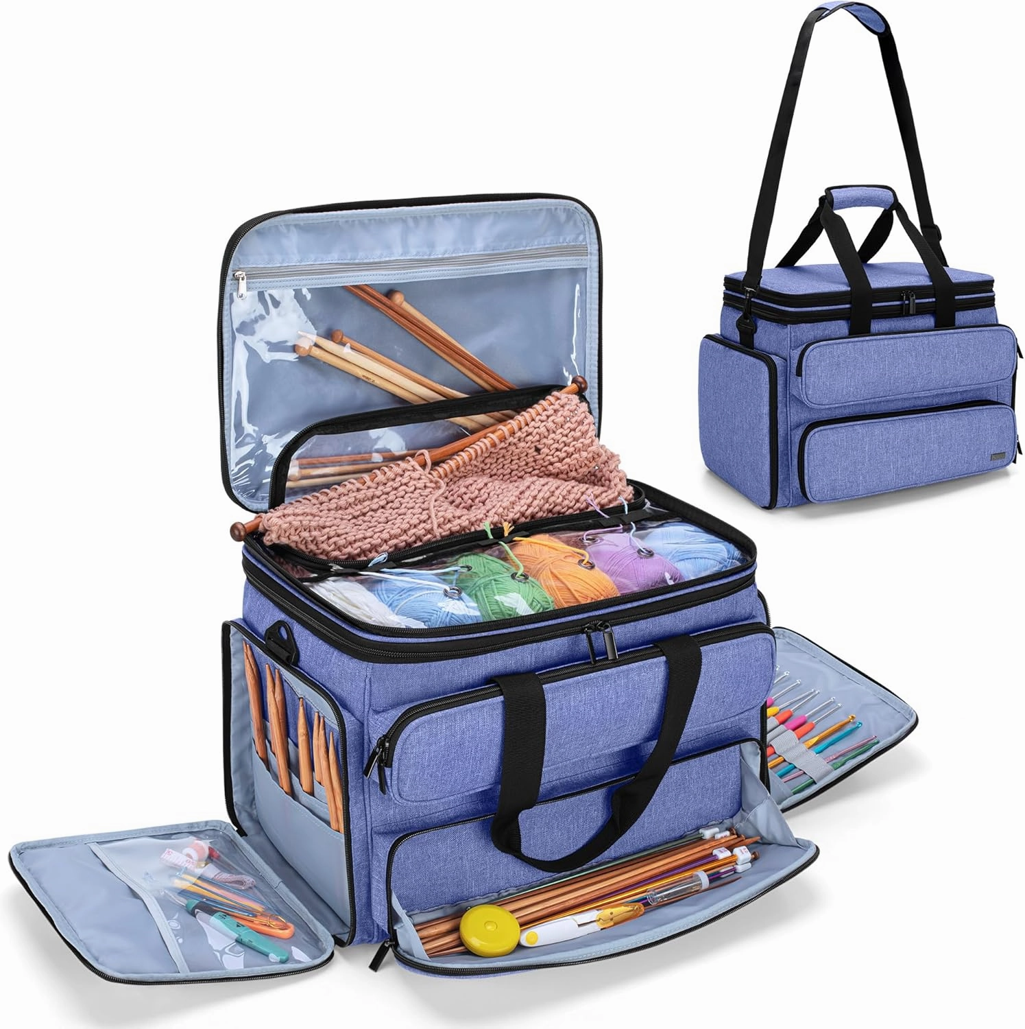 Yarwo Knitting Yarn Bag, Portable Crochet Storage Tote with Double Top Cover and Yarn Holes for Knitting Needles(Up to 14”), Unfinished Projects and Skeins of Yarn, Blue