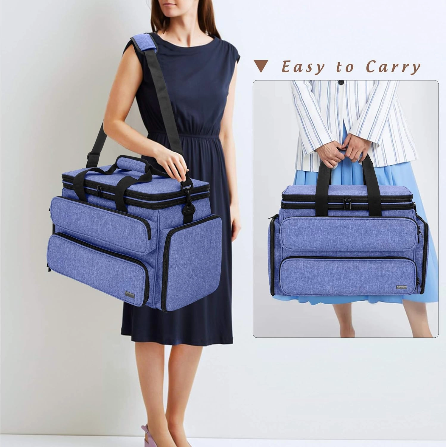 Yarwo Knitting Yarn Bag, Portable Crochet Storage Tote with Double Top Cover and Yarn Holes for Knitting Needles(Up to 14”), Unfinished Projects and Skeins of Yarn, Blue