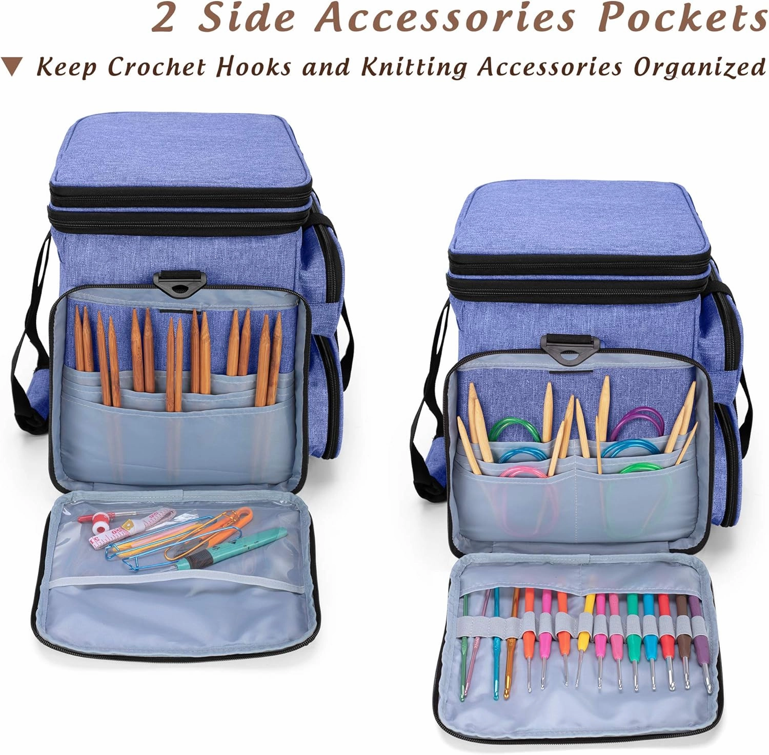 Yarwo Knitting Yarn Bag, Portable Crochet Storage Tote with Double Top Cover and Yarn Holes for Knitting Needles(Up to 14”), Unfinished Projects and Skeins of Yarn, Blue