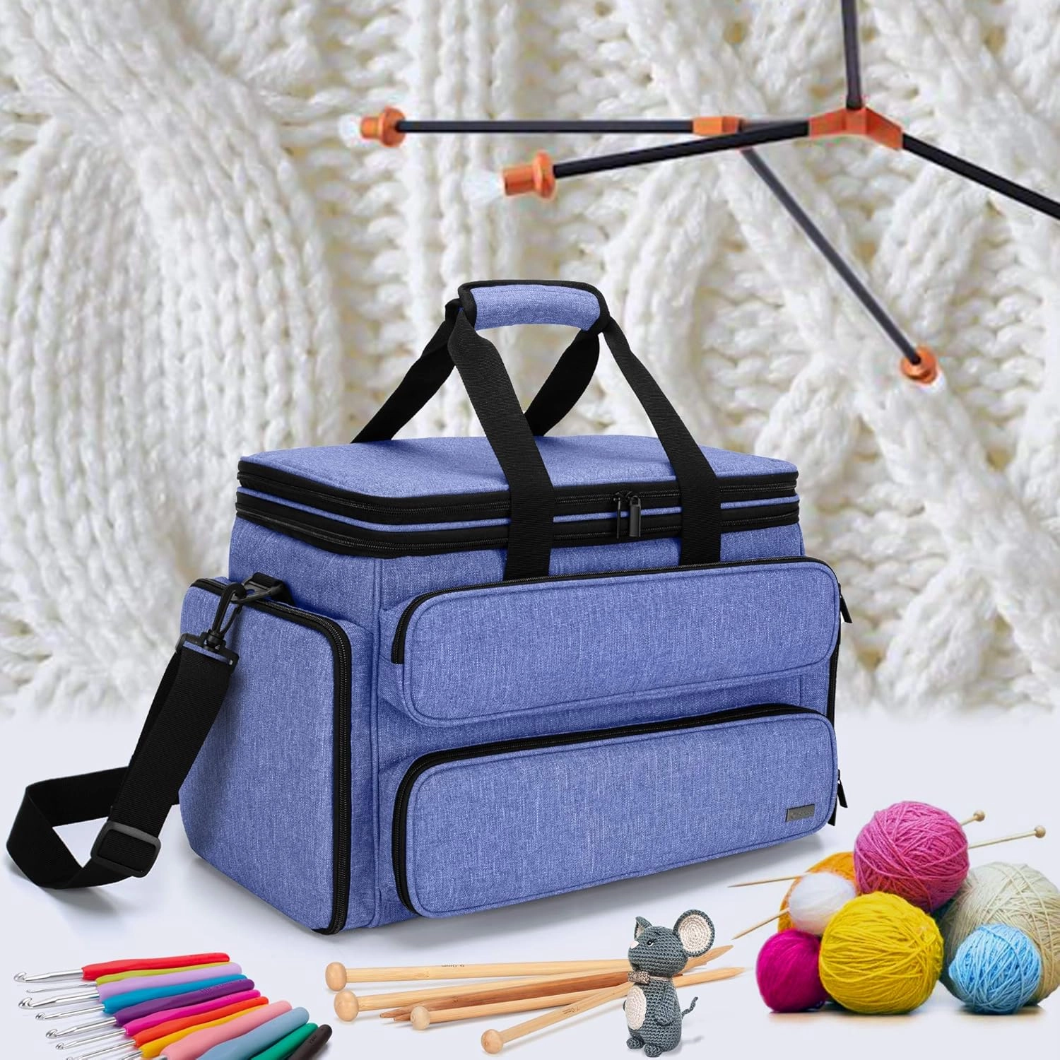 Yarwo Knitting Yarn Bag, Portable Crochet Storage Tote with Double Top Cover and Yarn Holes for Knitting Needles(Up to 14”), Unfinished Projects and Skeins of Yarn, Blue