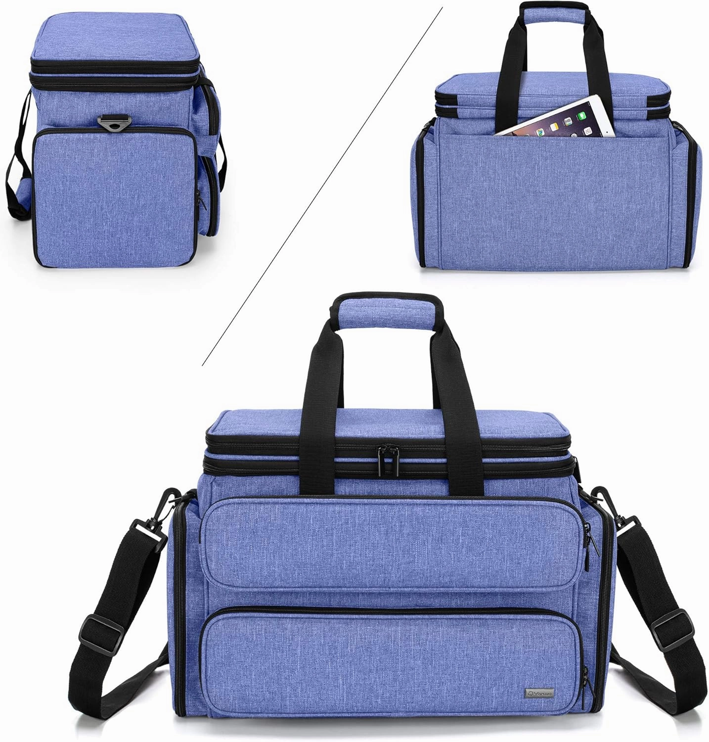 Yarwo Knitting Yarn Bag, Portable Crochet Storage Tote with Double Top Cover and Yarn Holes for Knitting Needles(Up to 14”), Unfinished Projects and Skeins of Yarn, Blue