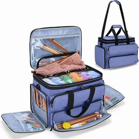 Yarwo Knitting Yarn Bag, Portable Crochet Storage Tote with Double Top Cover and Yarn Holes for Knitting Needles(Up to 14”), Unfinished Projects and Skeins of Yarn, Blue
