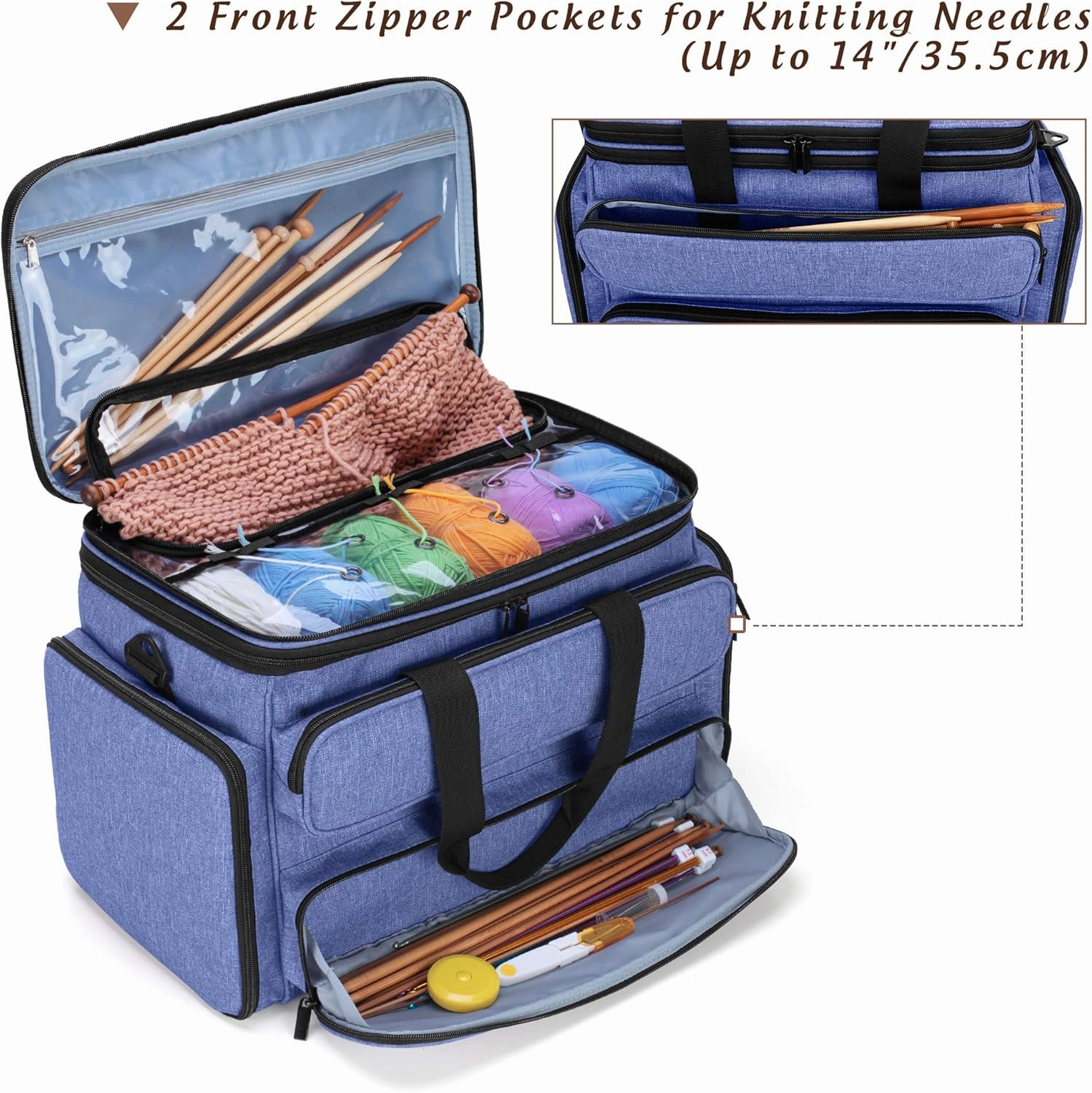 Yarwo Knitting Yarn Bag, Portable Crochet Storage Tote with Double Top Cover and Yarn Holes for Knitting Needles(Up to 14”), Unfinished Projects and Skeins of Yarn, Blue