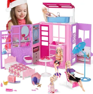 Yellow River Portable Doll House, One Set Fortable Dollhouse with Loft, Bed, Table, Basin& Pets 40 pcs Doll Accessories, Doll's Play House Toys Birthday Xmas Gifts for Girls 3 4 5 6 7 8 