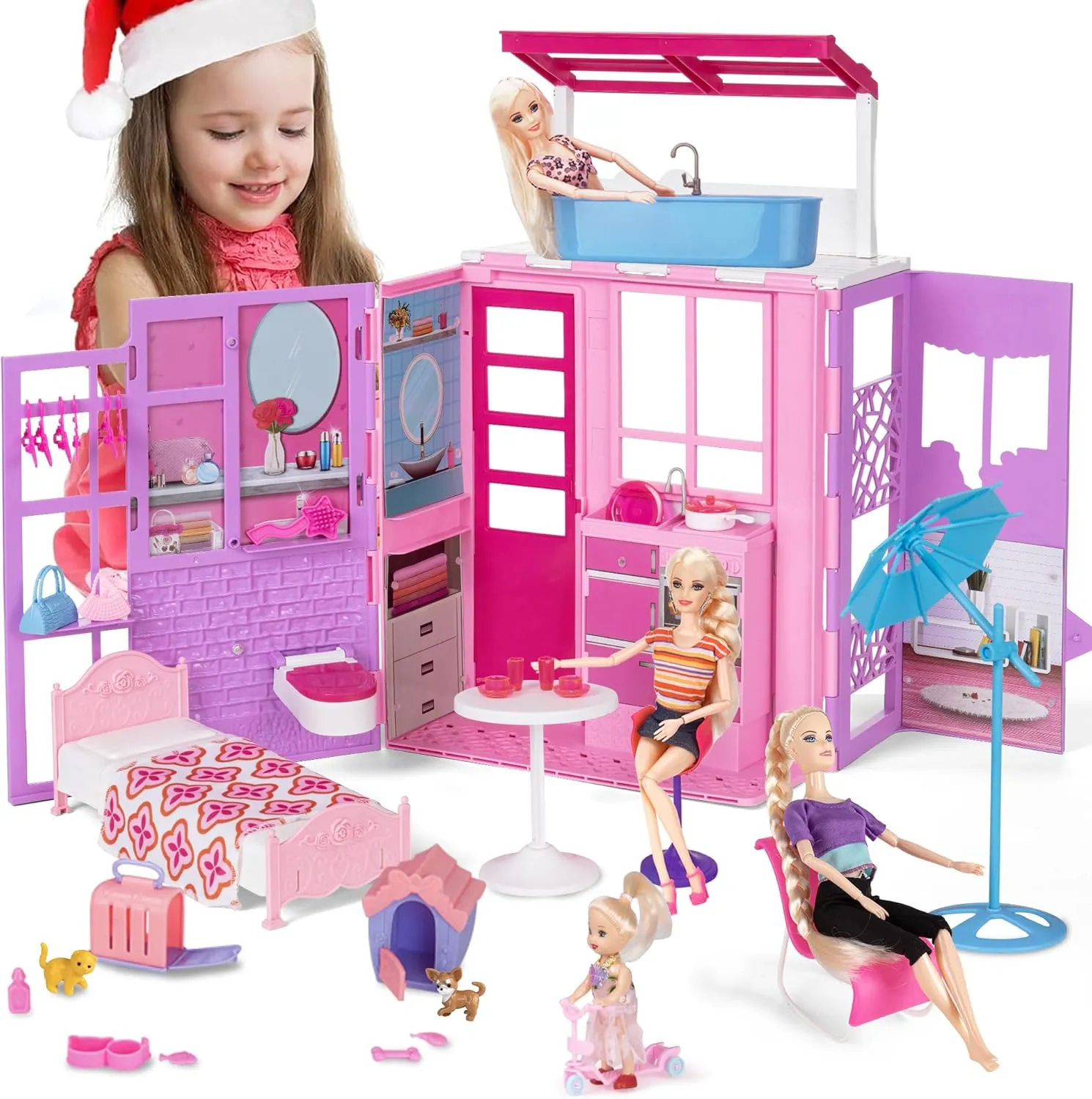 Yellow River Portable Doll House, One Set Fortable Dollhouse with Loft, Bed, Table, Basin& Pets 40 pcs Doll Accessories, Doll's Play House Toys Birthday Xmas Gifts for Girls 3 4 5 6 7 8 