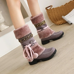 YTINGNICE Mid Calf Boots for Women,Classic Round Toe Suede Faux Fur Cozy Warm Winter Lace Up Pompoms Platform Anti-Slip Boots