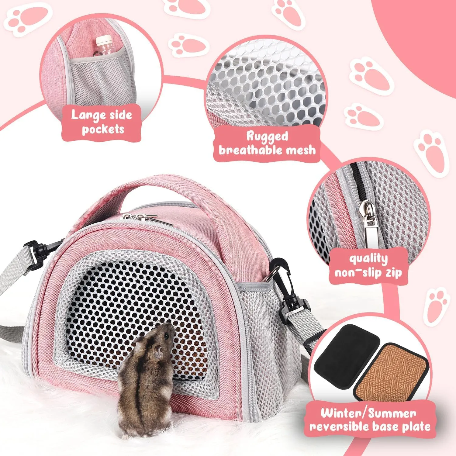YUDODO Hamster Carrier Guinea Pig Carrier Bag Small Animal Sugar Glider Pouch Gerbil Hedgehog Portable Travel Carrier Outdoor Hangbag Flying Squirrel Rat Carrier Pink