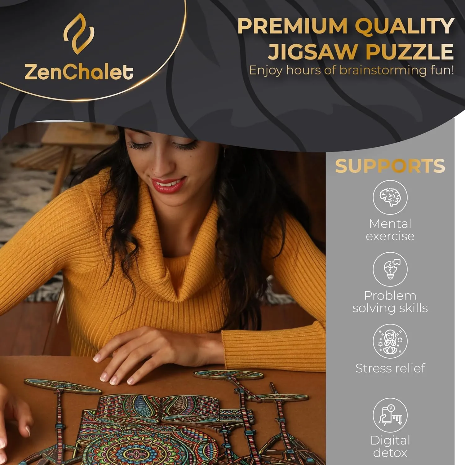 ZenChalet - Drum Set Wooden Jigsaw 200 Piece Puzzle - Unique Wooden Puzzles for Adults, Cool Brain Teaser for Music Lovers, Rompecabezas para Adultos