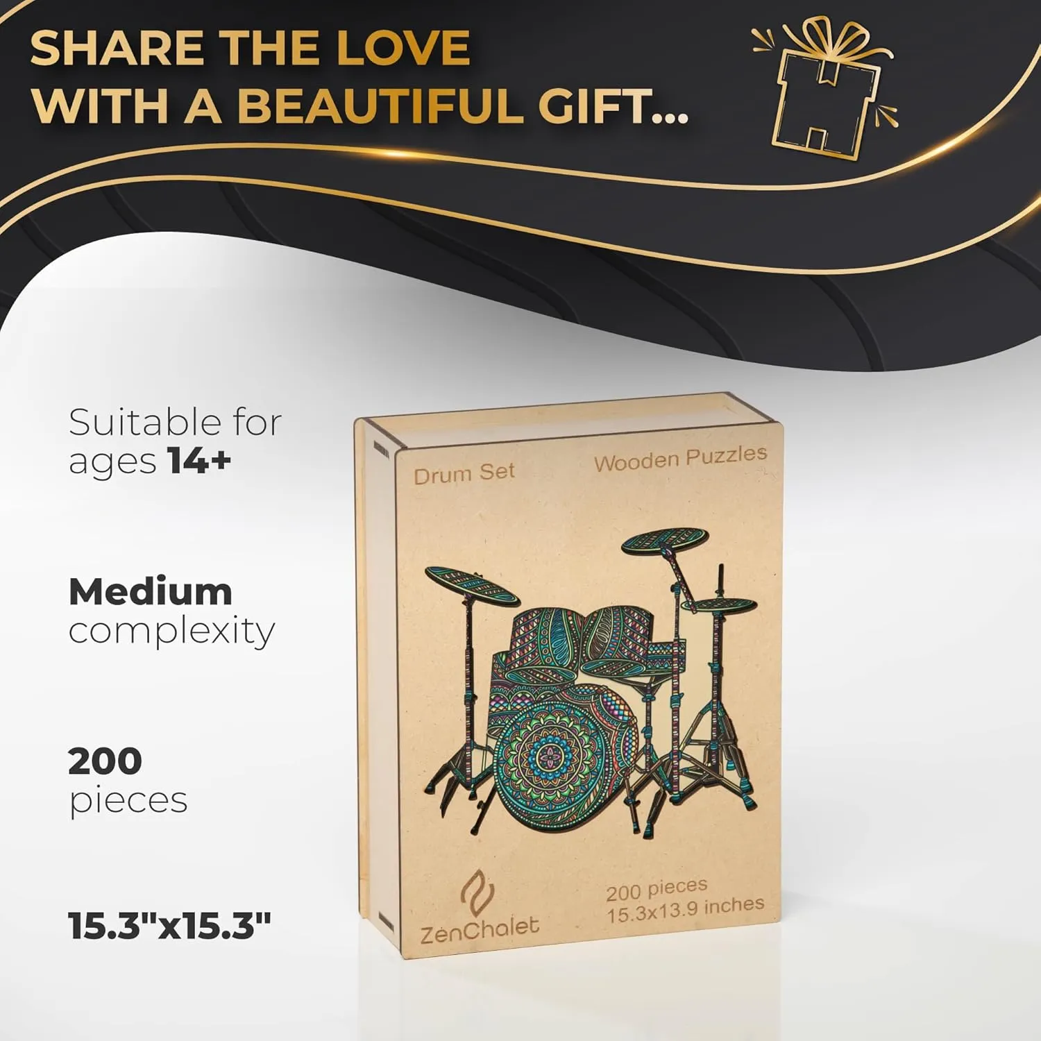 ZenChalet - Drum Set Wooden Jigsaw 200 Piece Puzzle - Unique Wooden Puzzles for Adults, Cool Brain Teaser for Music Lovers, Rompecabezas para Adultos